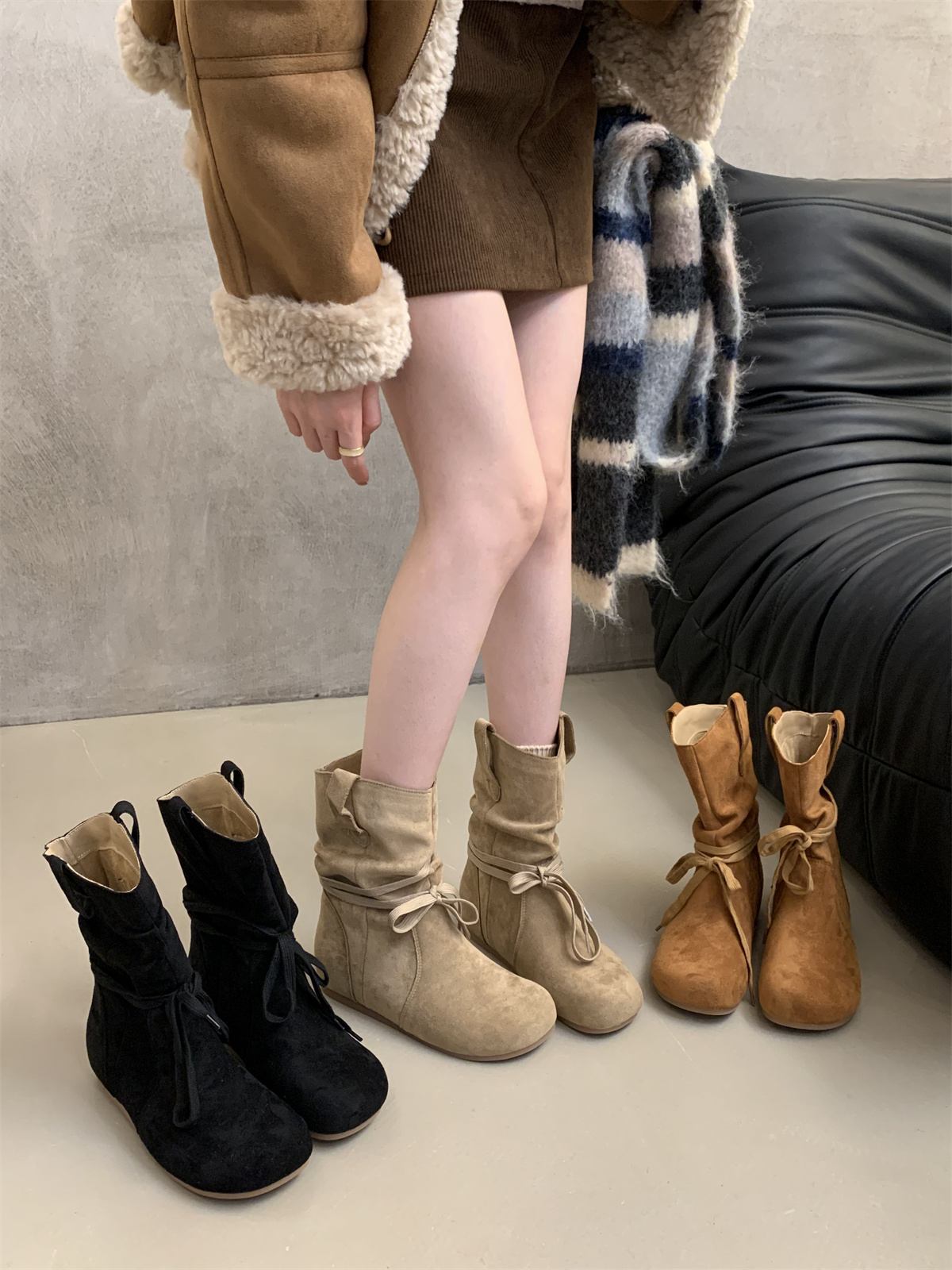 内增高西部短靴女2025新款秋冬复古马丁靴圆头短筒勃肯褶皱堆堆靴