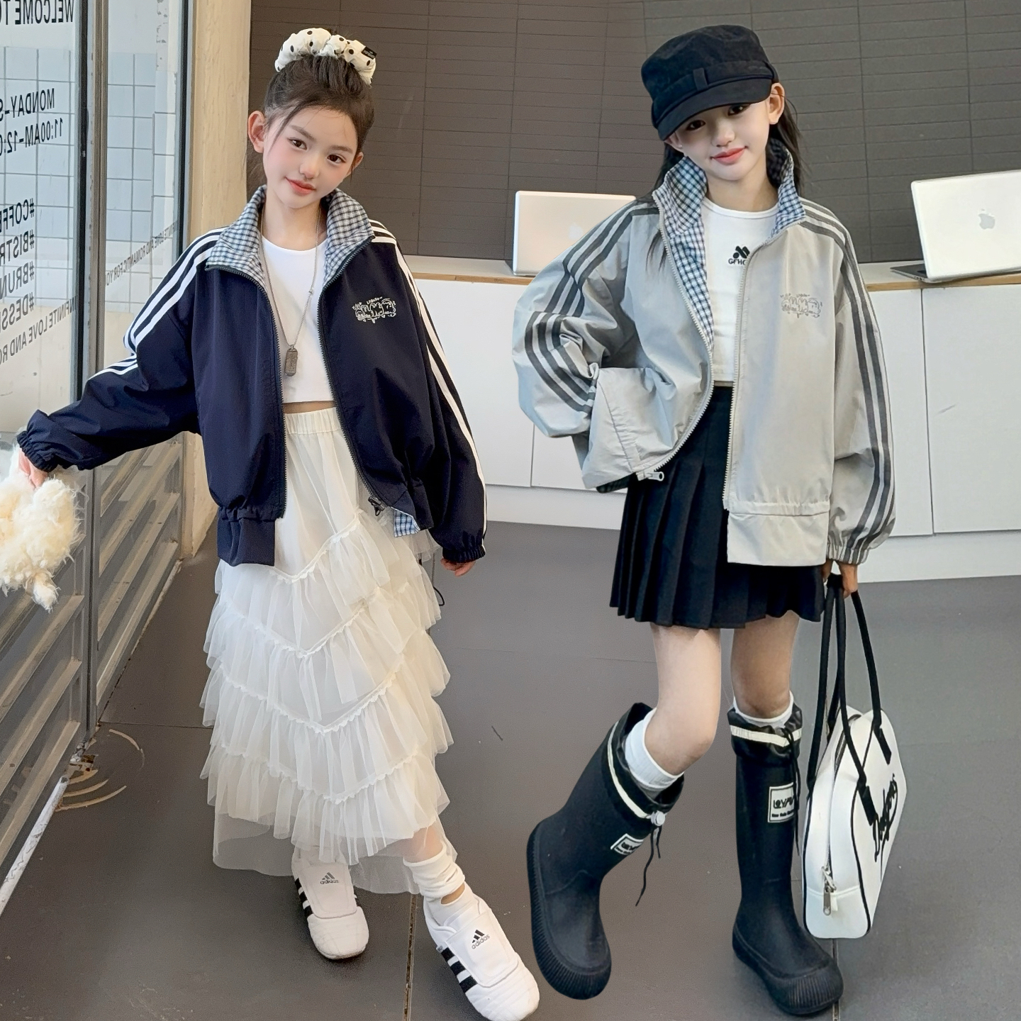 女童2025秋季双面穿外套女拉链立领复古港风格子普通外套韩版洋气