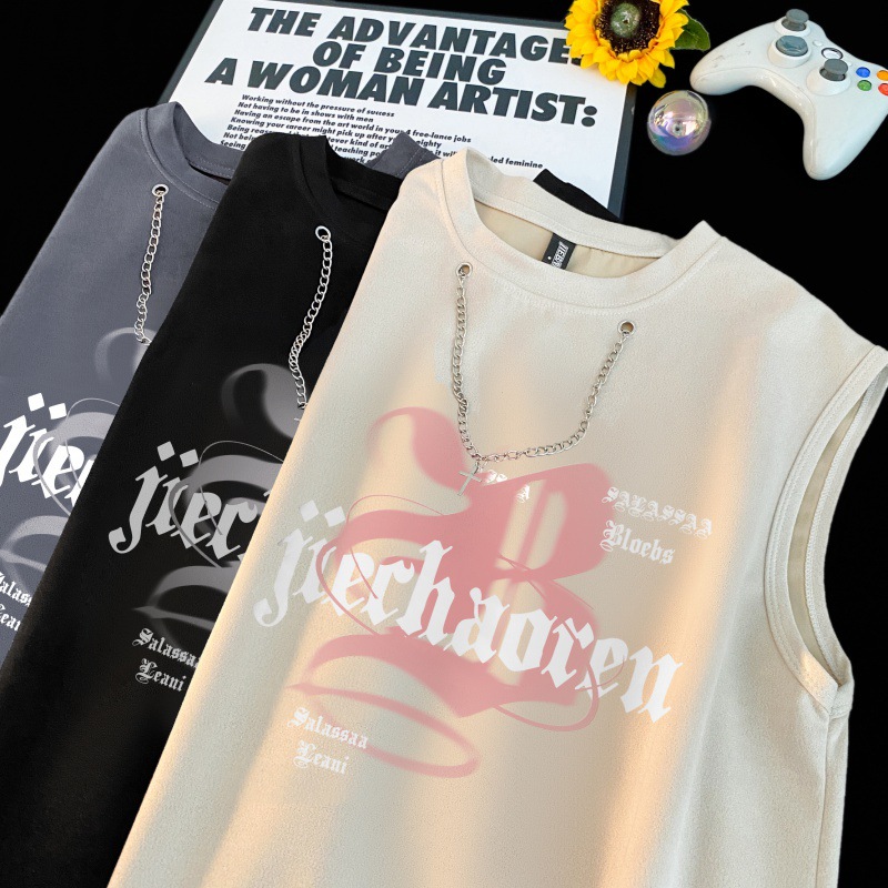 T恤高街无袖风背心上衣百搭vibe麂皮绒男女宽松项链美式港味chic