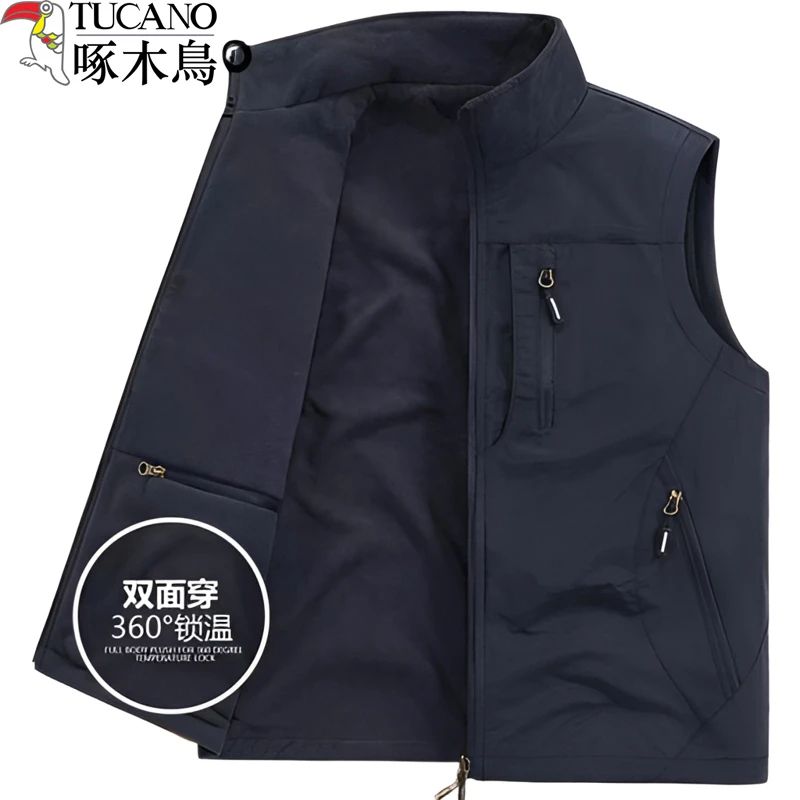 啄木鸟双面穿保暖马甲秋冬立领加绒加厚背心无袖外套多口袋坎肩男