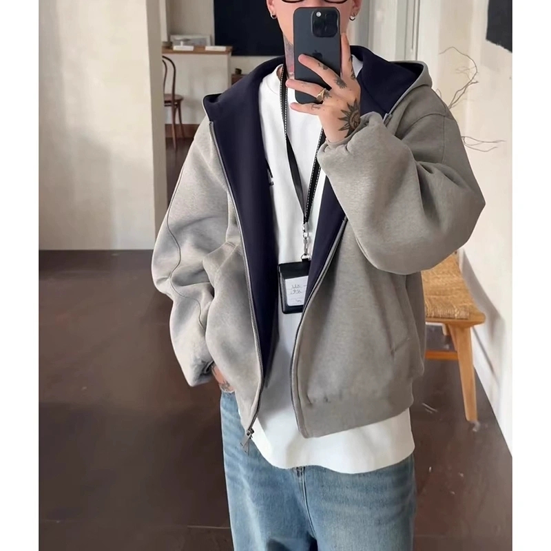 秋冬季连帽卫衣外套男装重磅宽松休闲百搭双拉链开衫拼色上衣男士