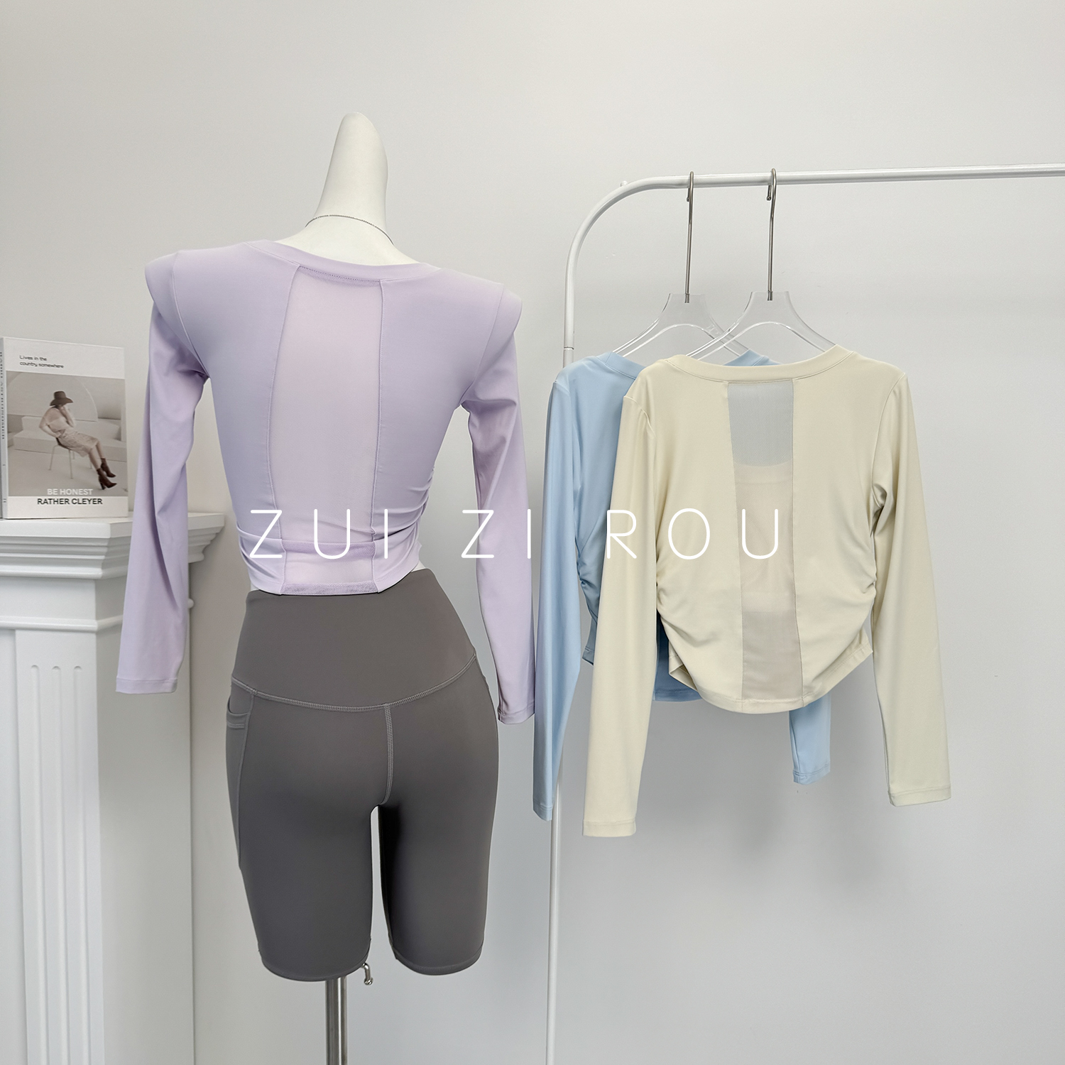 瑜伽服女秋季带胸垫后背网纱长袖T恤紧身跑步普拉提训练健身上衣