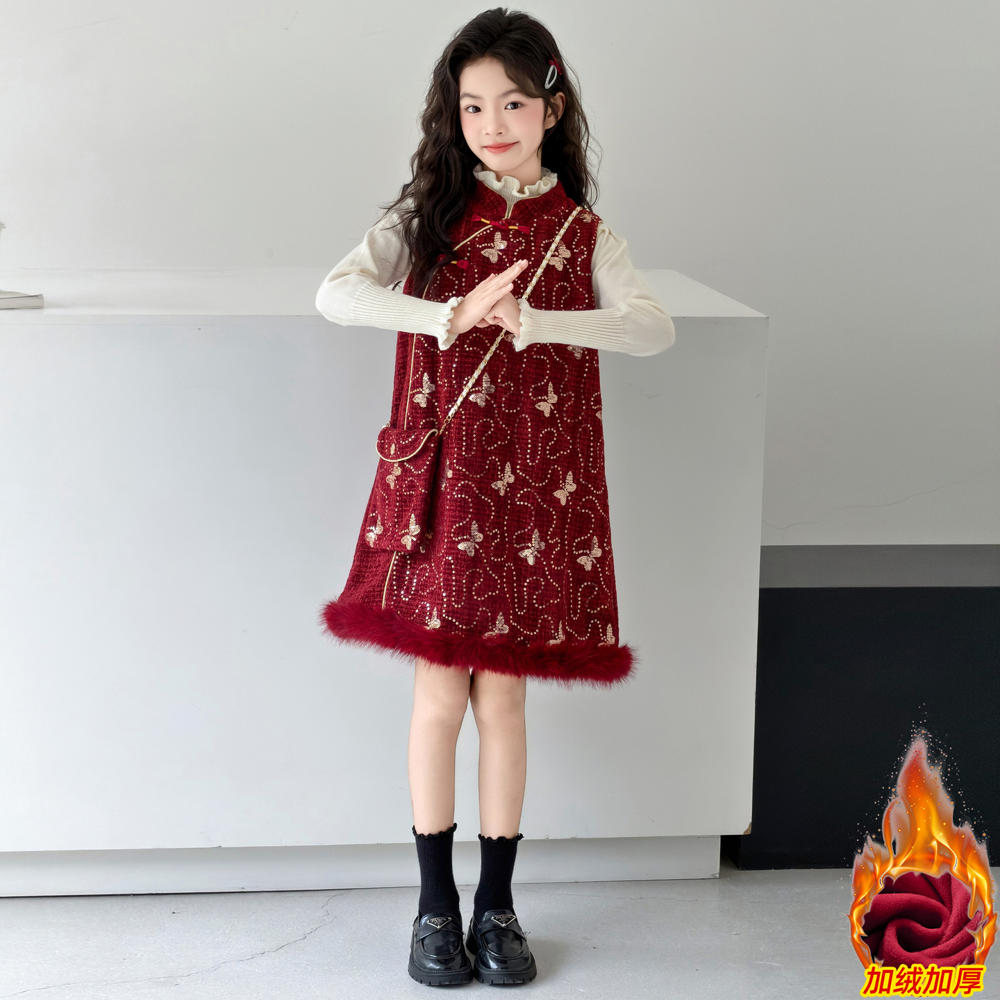 女童年服加绒加厚裙子2026新款亮片演出服儿童冬季红色新年连衣裙