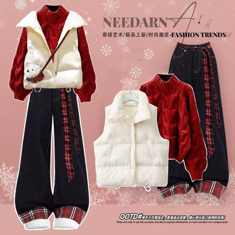 2025冬季套装女学生圣诞红色毛衣马甲棉服红格牛仔时尚洋气三件套