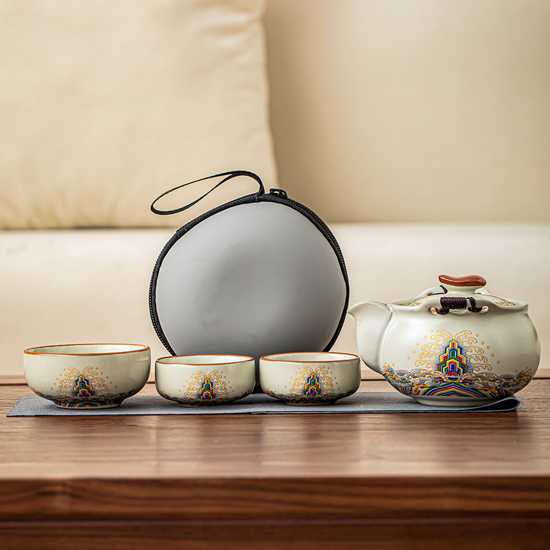 中式米黄汝窑大容量手抓壶一壶三杯携带式旅行露营休闲茶具套装