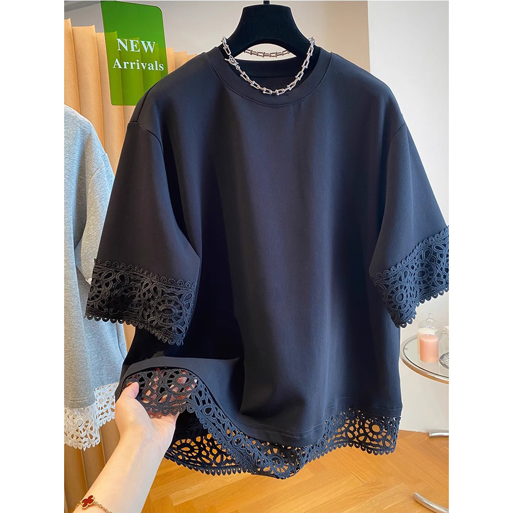 大码240斤欧货蕾丝拼接短袖t恤女装夏季胖妹妹宽松休闲高级感上衣