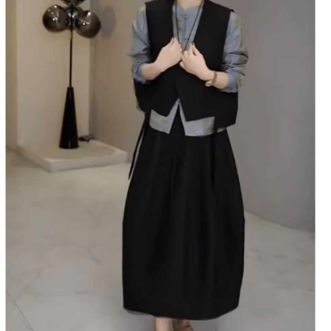 新款时尚立领衬衣马甲高腰半身裙秋季女装