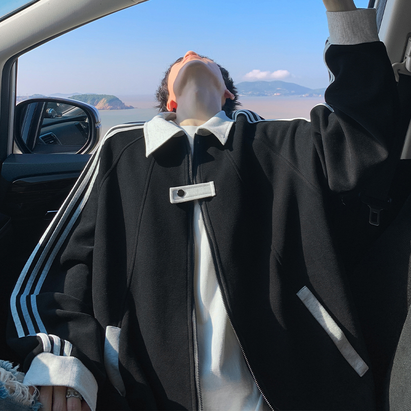 500g重磅三条杠开衫卫衣男秋季美式潮流宽松休闲运动学生翻领外套