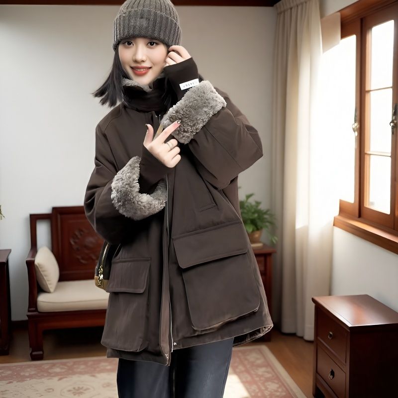 羊羔毛领派克服定制款新款白鸭绒显瘦保暖羽绒服冬季外套2025新款