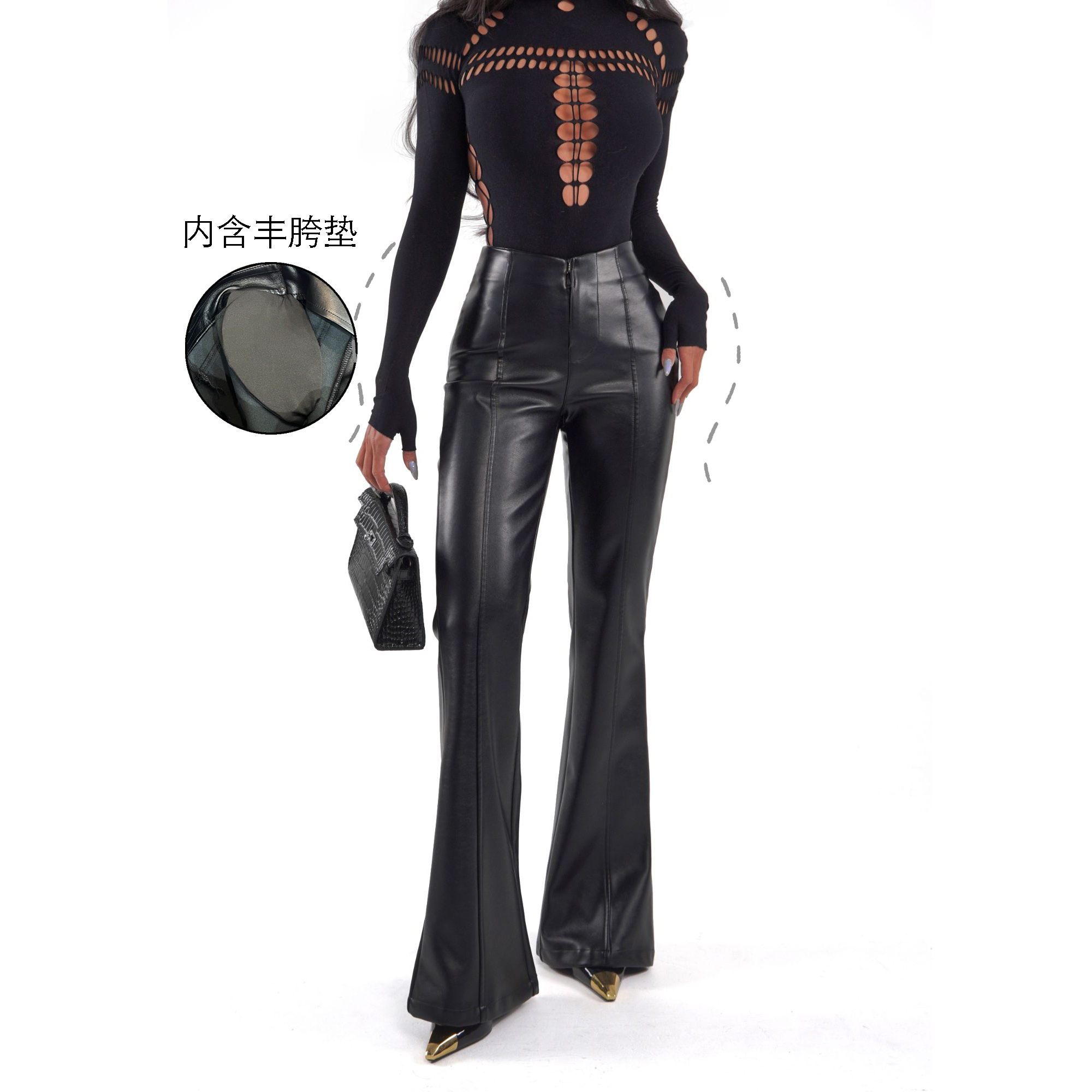 【蜜蜜家】松墨 欧美辣妹显瘦休闲黑色修身秋冬带丰胯垫皮裤 K073