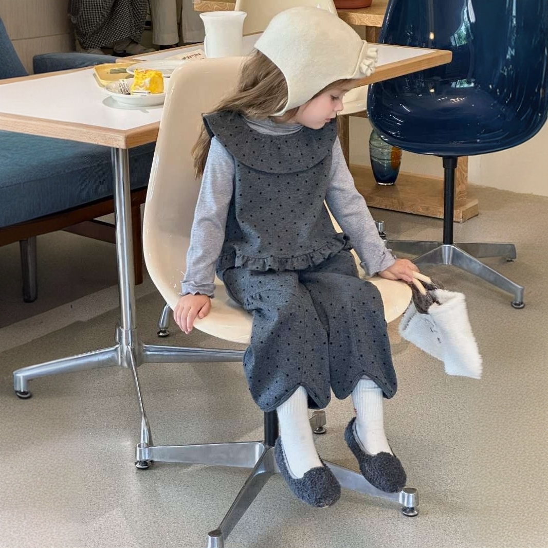 女童韩版套装2025新款春秋季儿童宝宝花边马甲打底衫阔腿裤三件套