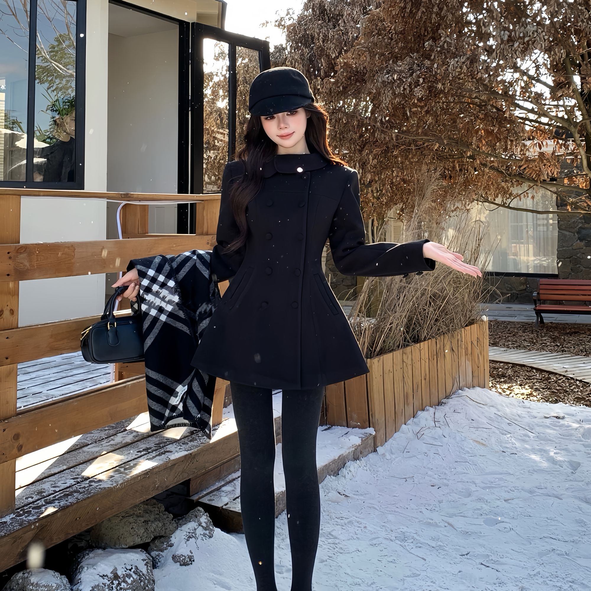 【厚黑穿搭】高智感秋冬纽扣设计毛呢料夹棉修身显瘦黑色大衣连衣裙