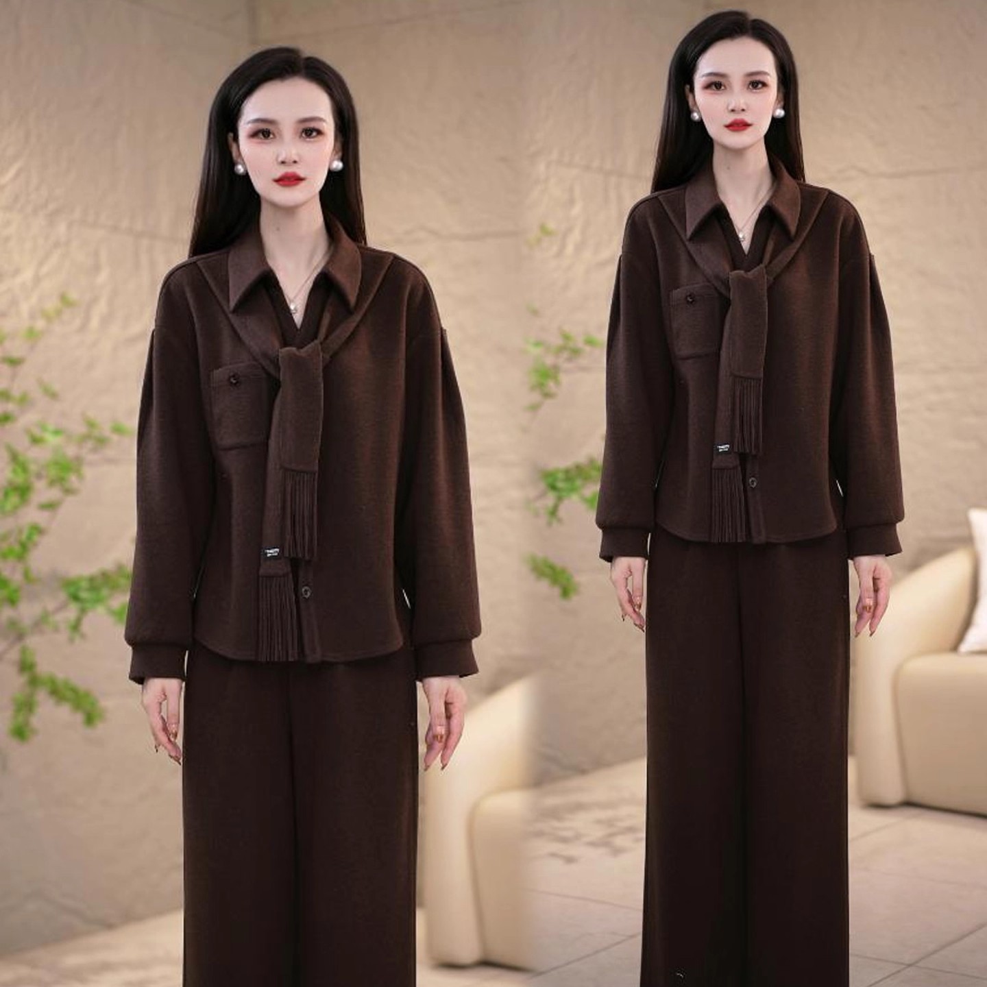 时尚休闲套装女2025秋冬新款洋气宽松显瘦毛呢外套阔腿裤两件套潮