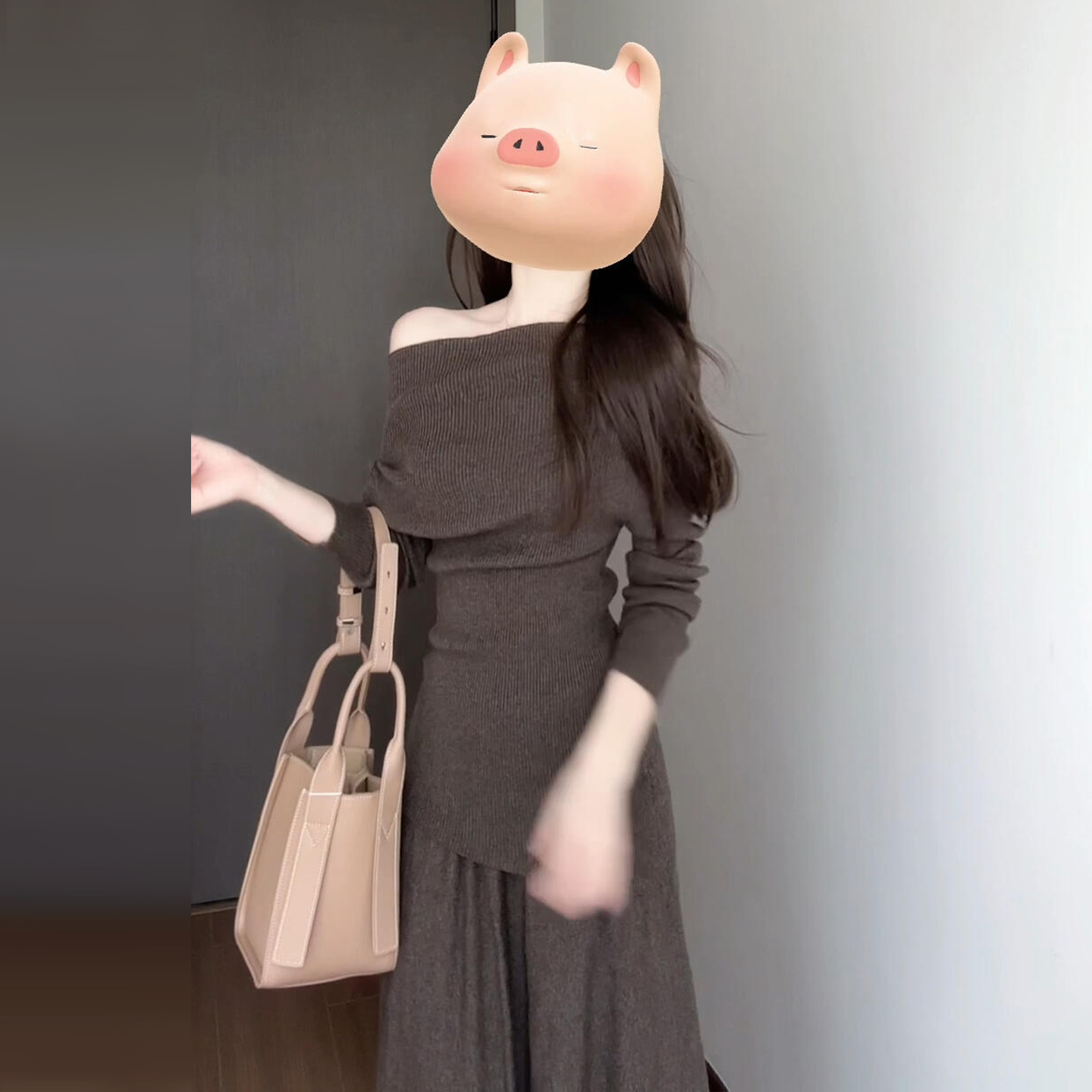 一字肩黑色针织连衣裙子女秋冬季2026新款巨好看穿搭一整套装长裙