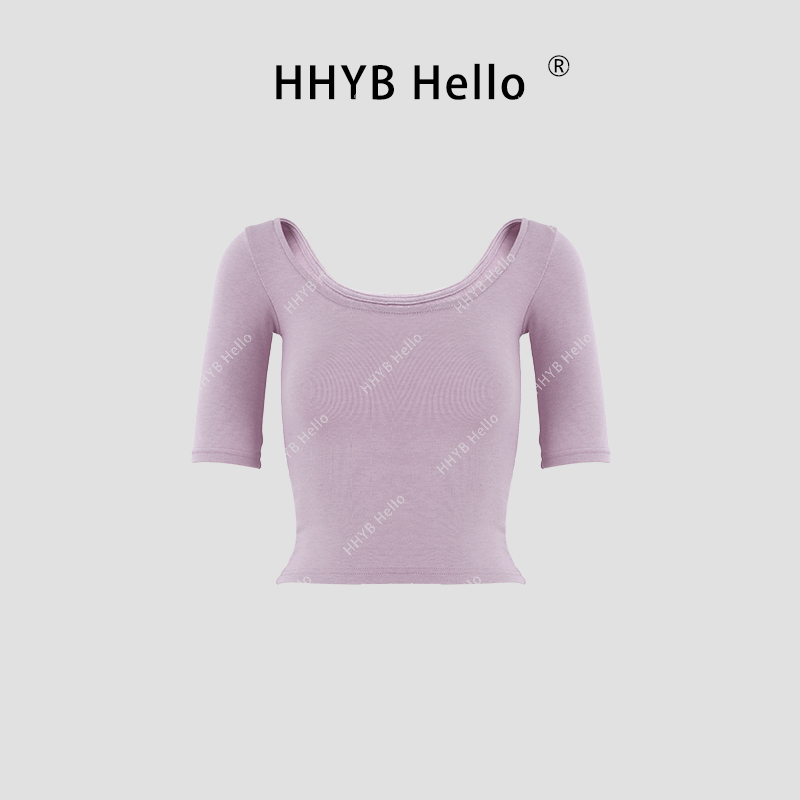 HHYB Hello【2025春季新款】大圆领两穿修身显瘦中袖T恤上衣250016
