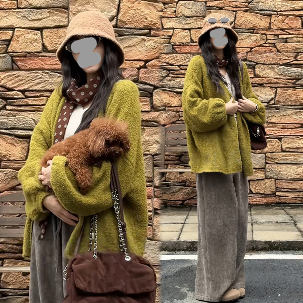 欧货高级感时尚套装女2025春秋新款绿色针织毛衣外套阔腿裤两件套