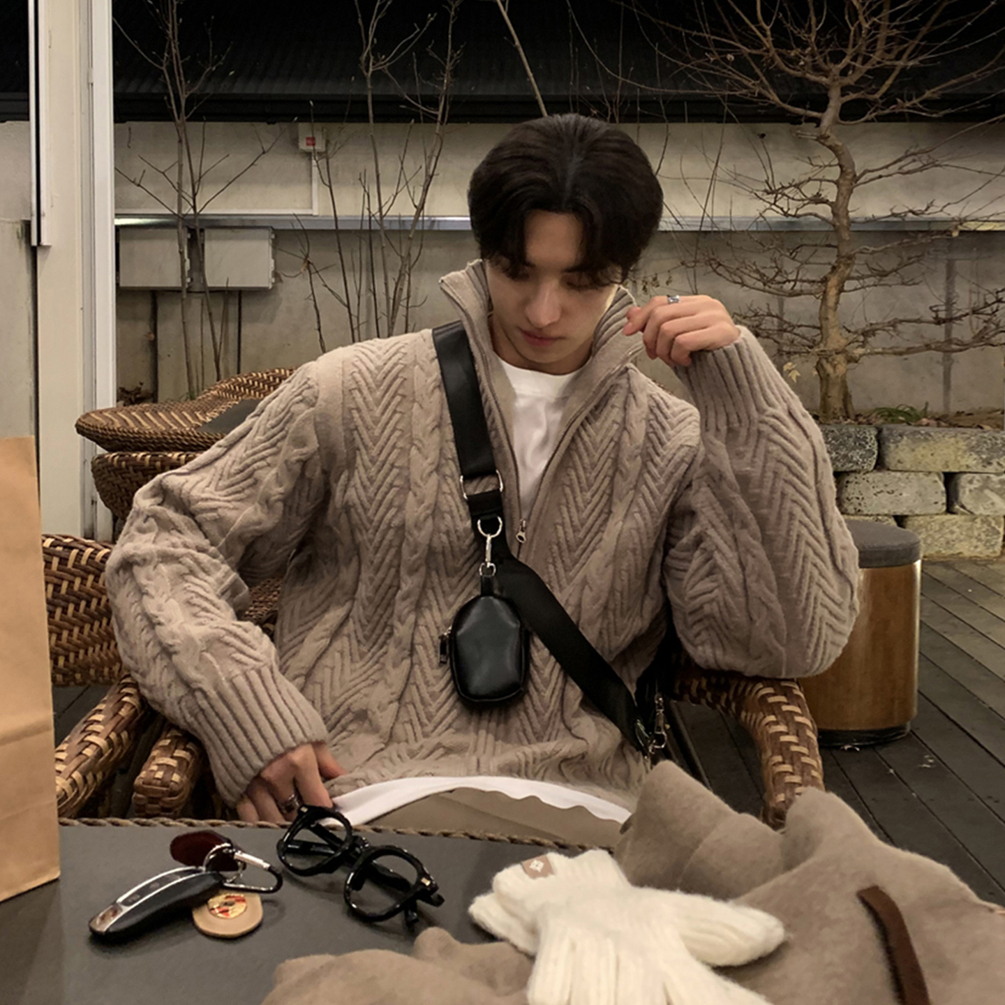 ascloqiao秋冬新款毛衣针织衫男士立领韩系百搭上衣潮流麻花毛衣