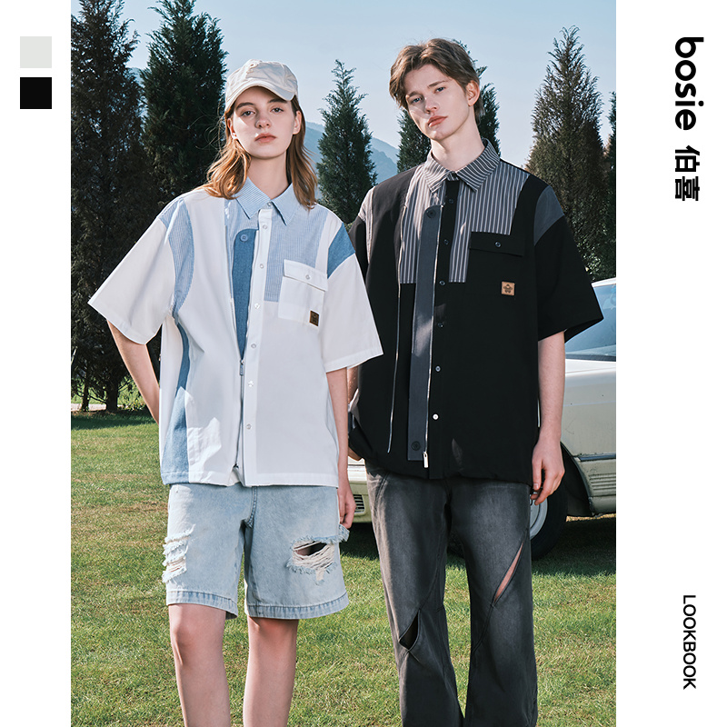 bosie2025夏季新款条纹撞色短袖衬衫男情侣宽松韩版百搭衬衣外套