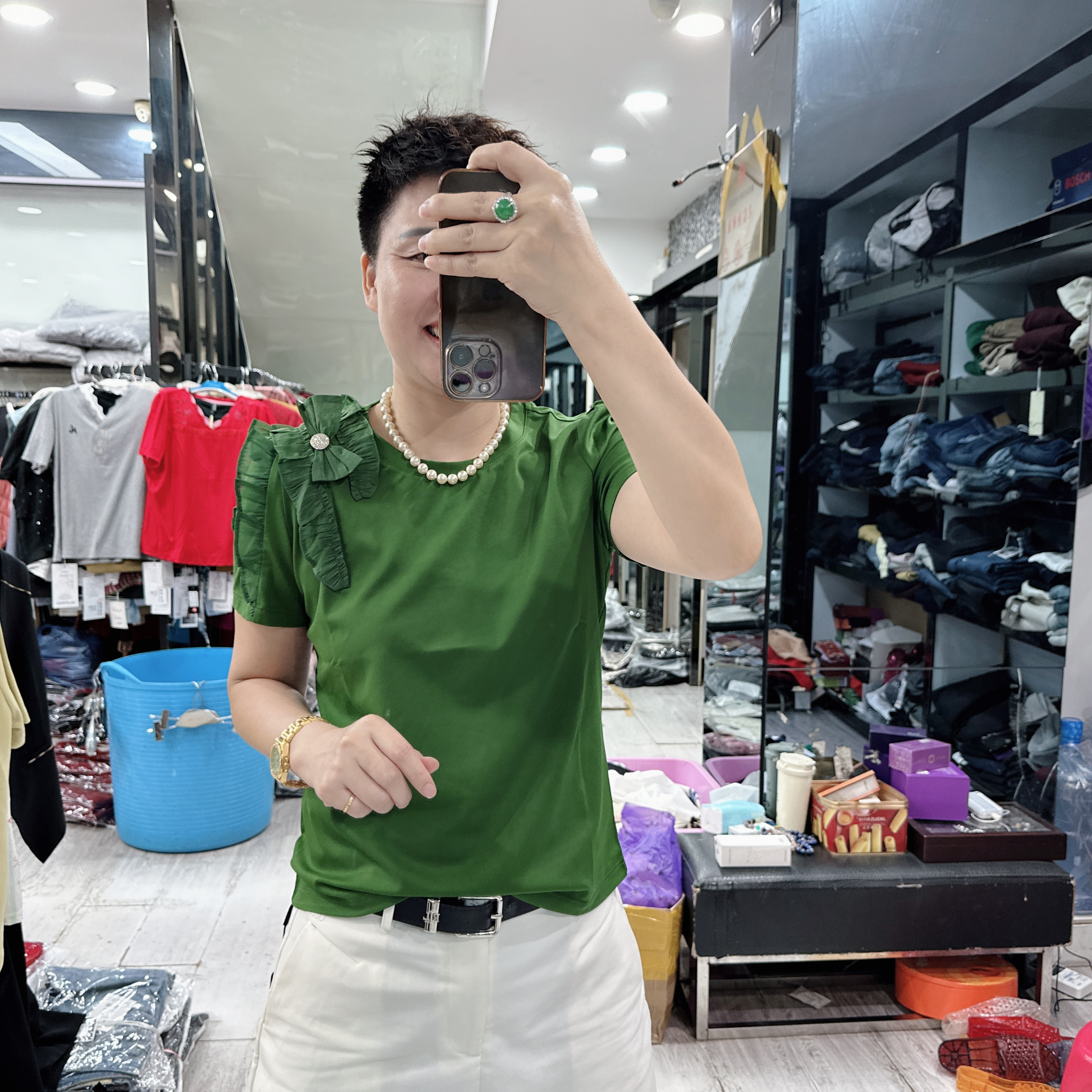 韩版优质肩头花边2色优质大码上衣6190品