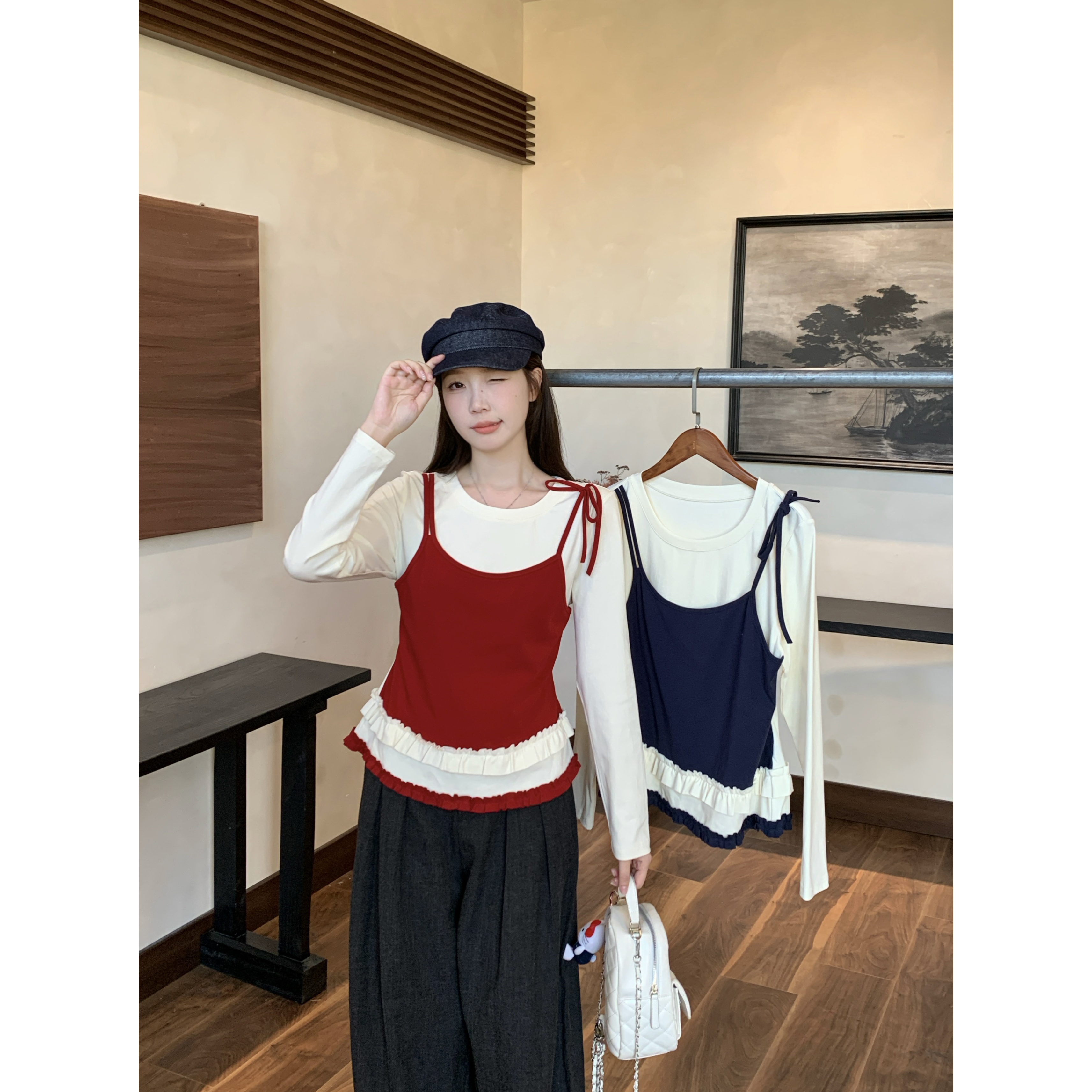 【七七专属】大码甜美风减龄假两件长袖T恤2025秋季内搭上衣80392