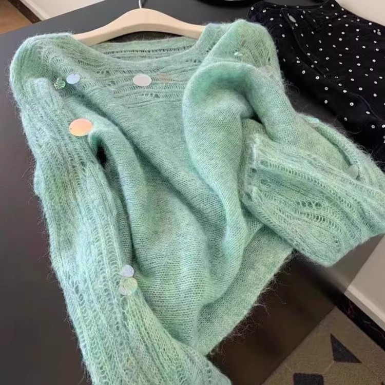 韩系小清新亮片圆领针织衫女秋季温柔风绝美轻奢精致小众长袖上衣