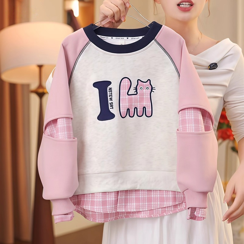 女童格子拼接假两件卫衣2025新款春秋款初中生刺绣卡通打底衫上衣