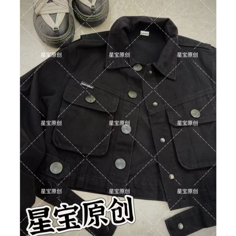 秋季工装新款牛仔外套气质洋气翻领黑色短外套2267
