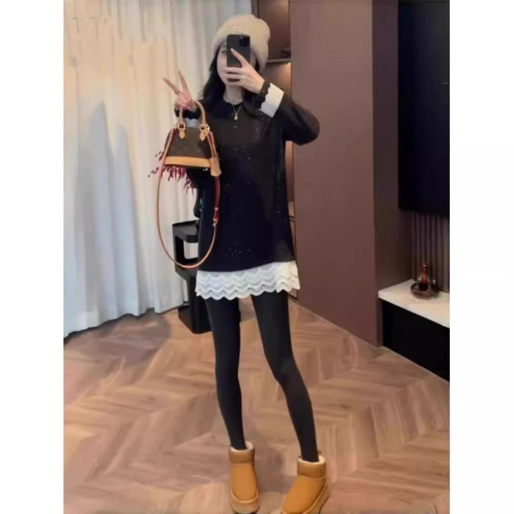 芯娇晴中长款蕾丝拼接亮丝磨毛打底T恤女春秋宽松假两件长袖上衣