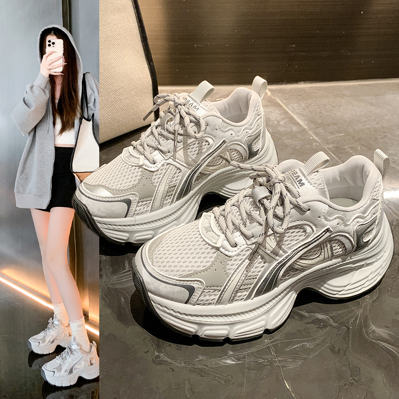 网面老爹鞋女款透气2025年秋季新款小个子厚底增高时尚休闲运动鞋