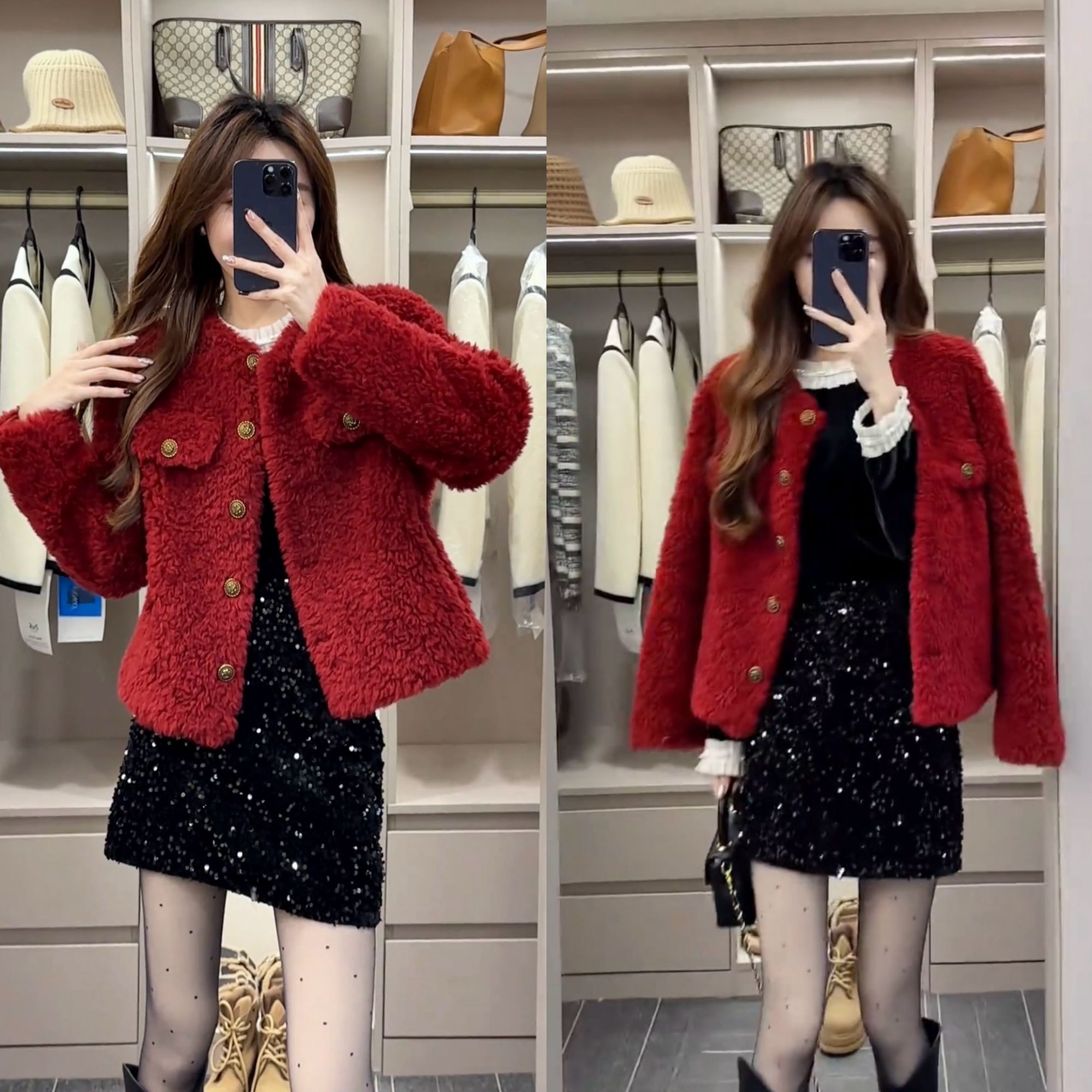 红色圆领小香风外套女秋冬季2025新款韩系设计感一体毛绒短款外套