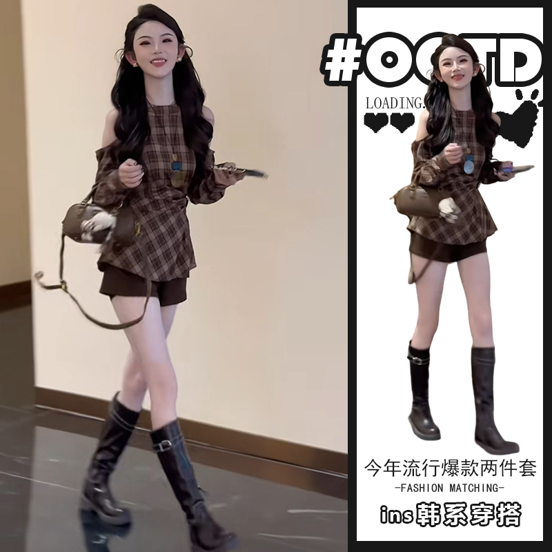 美式别致显气质套装女2025春秋时尚显瘦辣妹露肩格子上衣高腰短裤