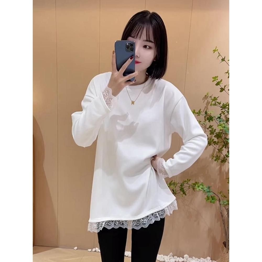 2025春秋新款蕾丝边白色打底衫女宽松内搭长袖T恤中长款百搭上衣