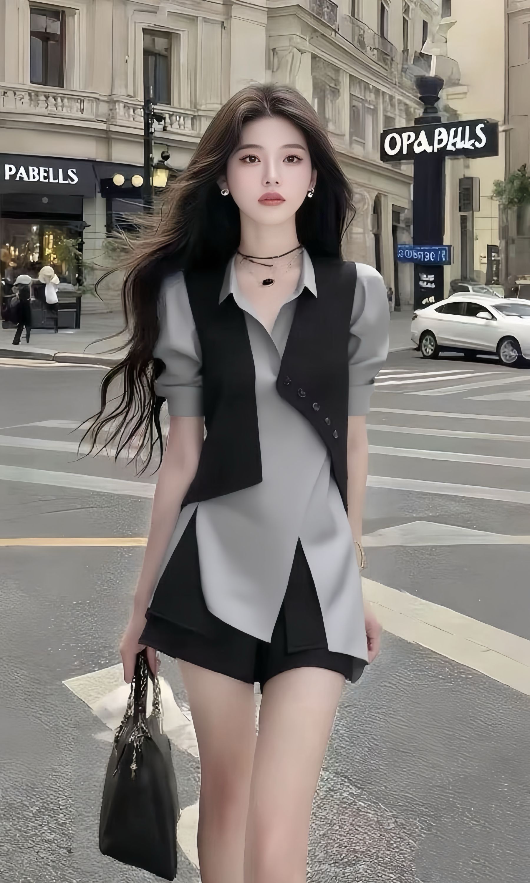 2025夏季新款小众设计不规则Polo领短袖灰色两件套时尚百搭女装