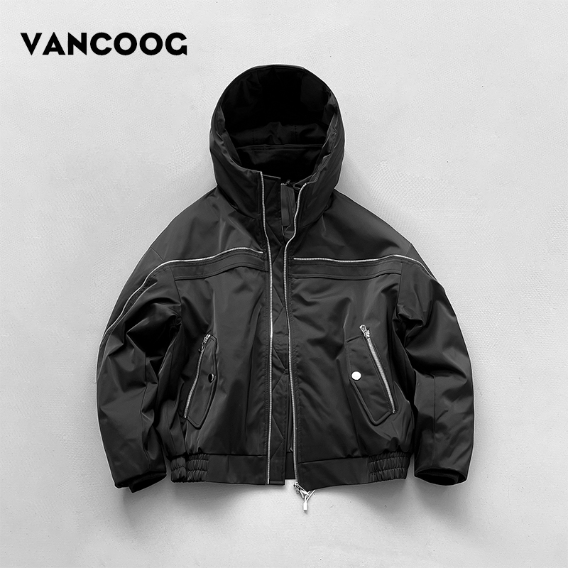 凡购冬季潮牌宽松连帽短款多拉链羽绒外套保暖加厚派克服羽绒服男