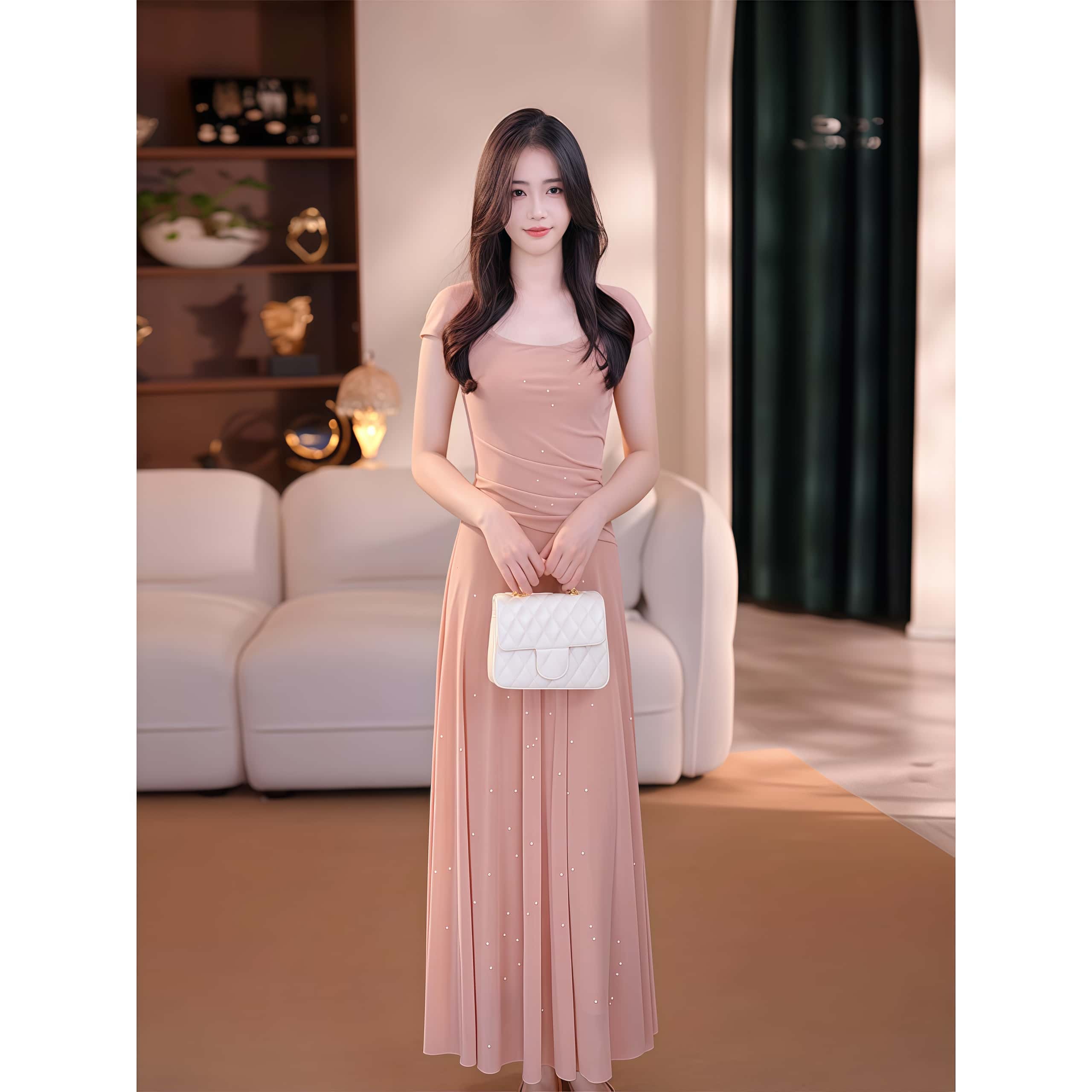 韩系温柔风气质U领短袖连衣裙女装夏季新款高级感掐腰显瘦长裙子