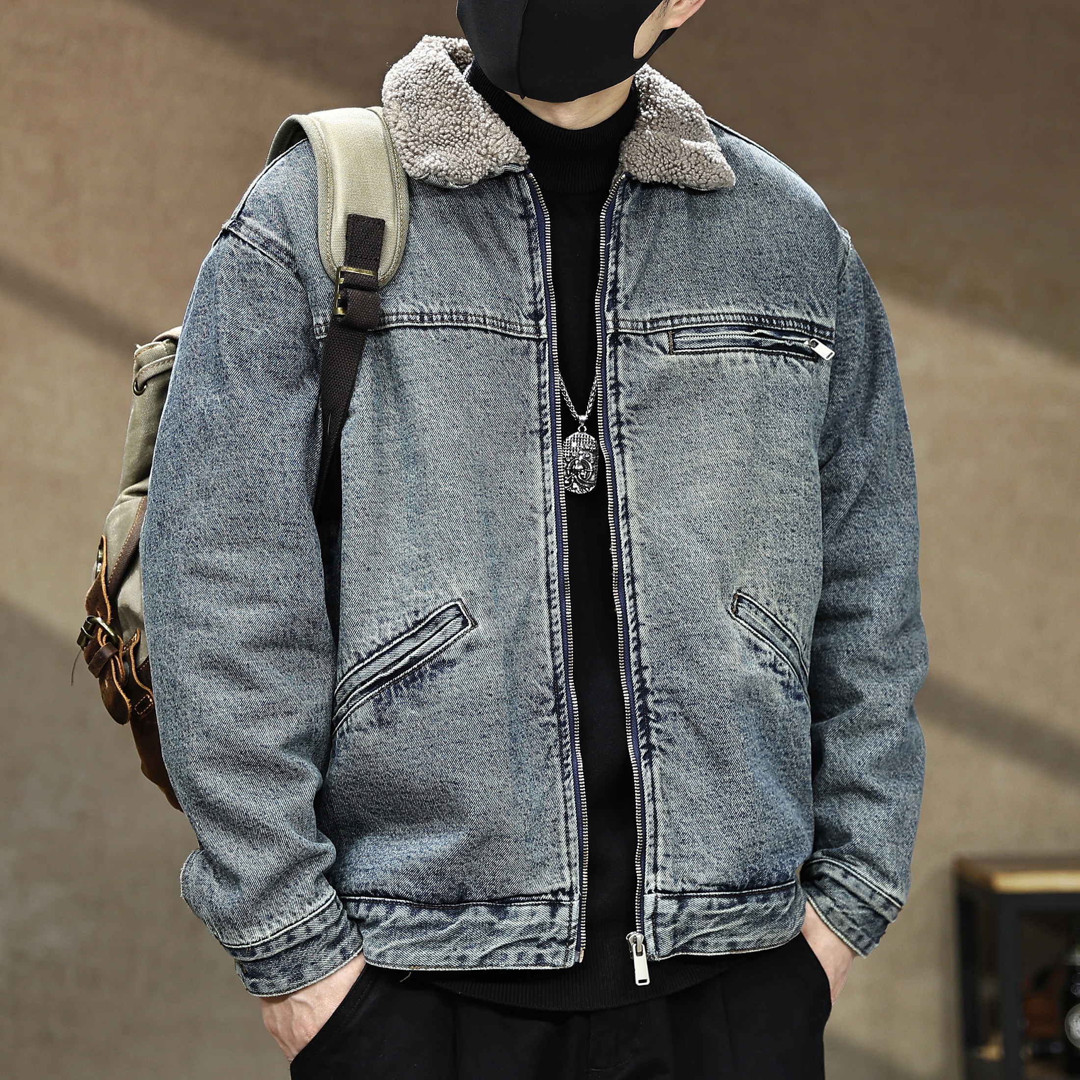 美式复古仿羊羔绒底特律工装牛仔夹克外套男秋冬加绒加厚保暖棉衣