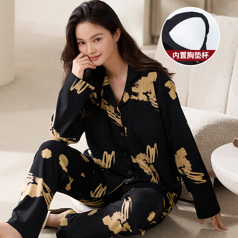 印花带胸垫女士春秋款纯棉睡衣大码春秋季女家居服套装春夏