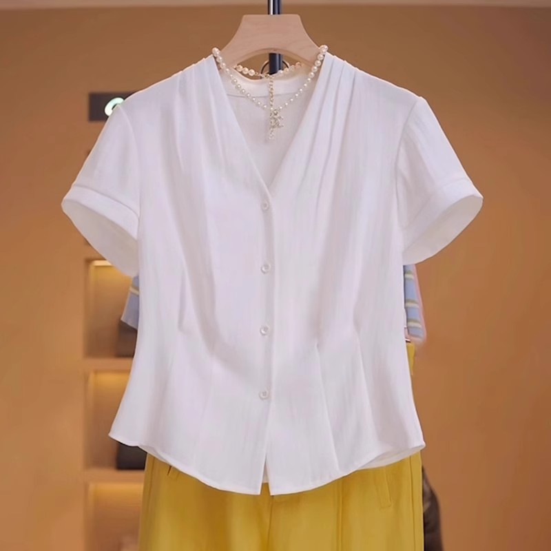 宽松显瘦小众设计感短袖衬衫夏季薄款胖MM大码女装褶皱收腰上衣女