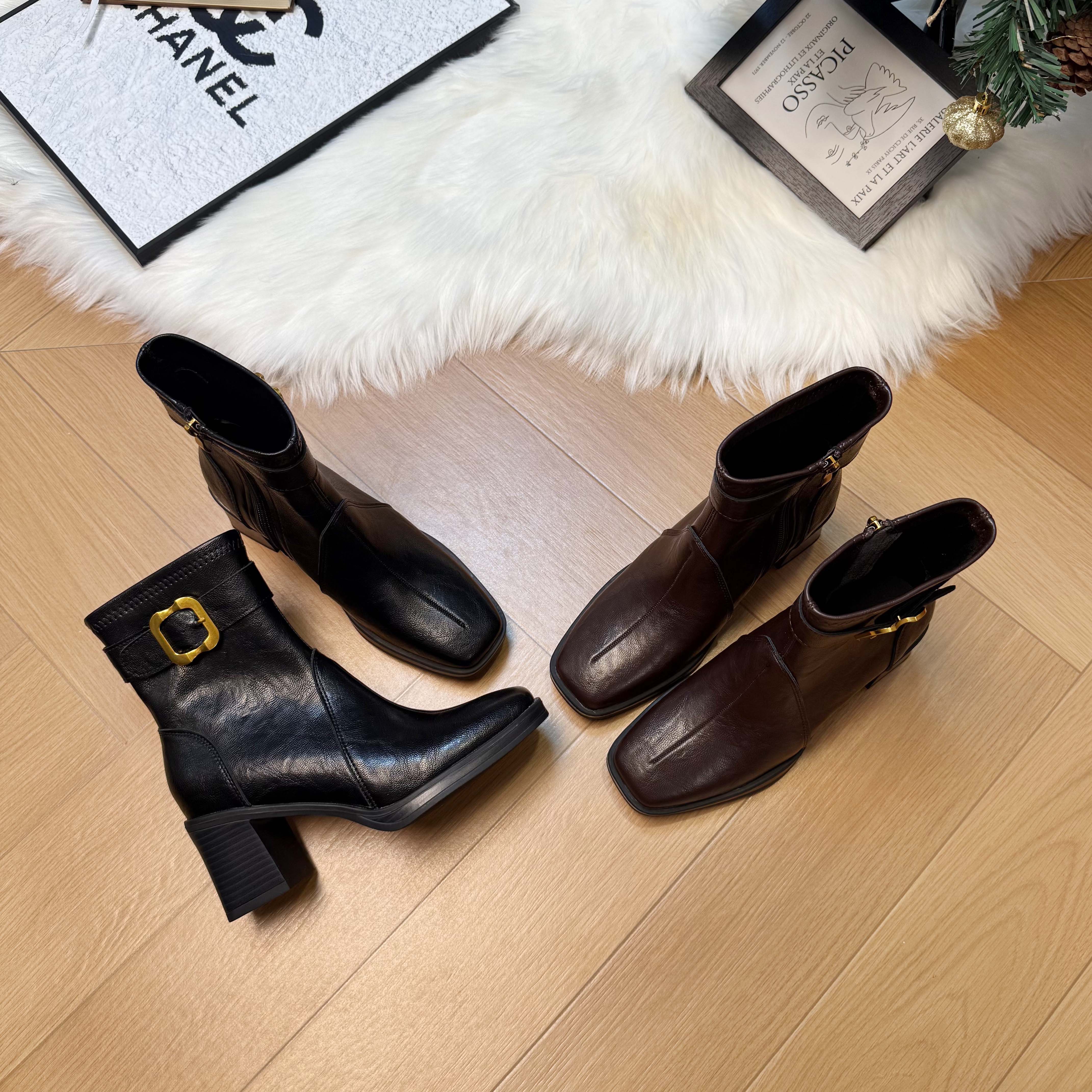 7cm小个子欧美风短靴女极简风女高跟方头粗跟靴子时尚英伦风女靴