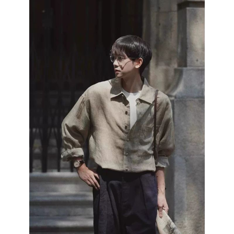 美式复古亚麻长袖衬衫男女同款宽松休闲百搭情侣衬衣外套透气上衣
