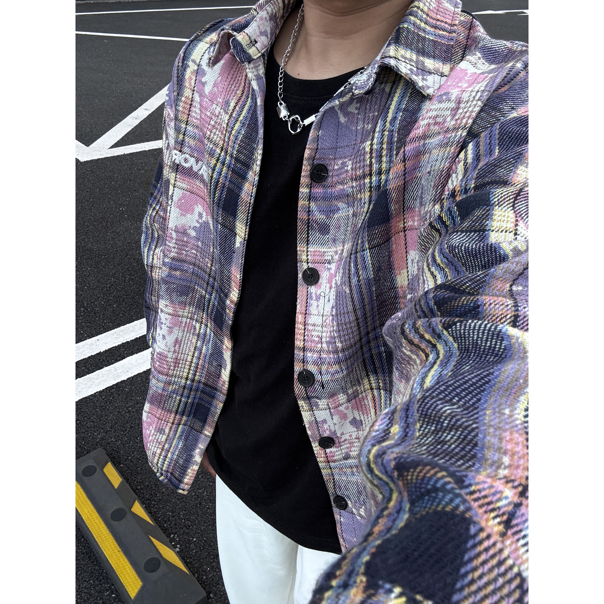 美式复古扎染格子衬衫男早秋新款cleanfit磨毛宽松衬衣情侣外套潮