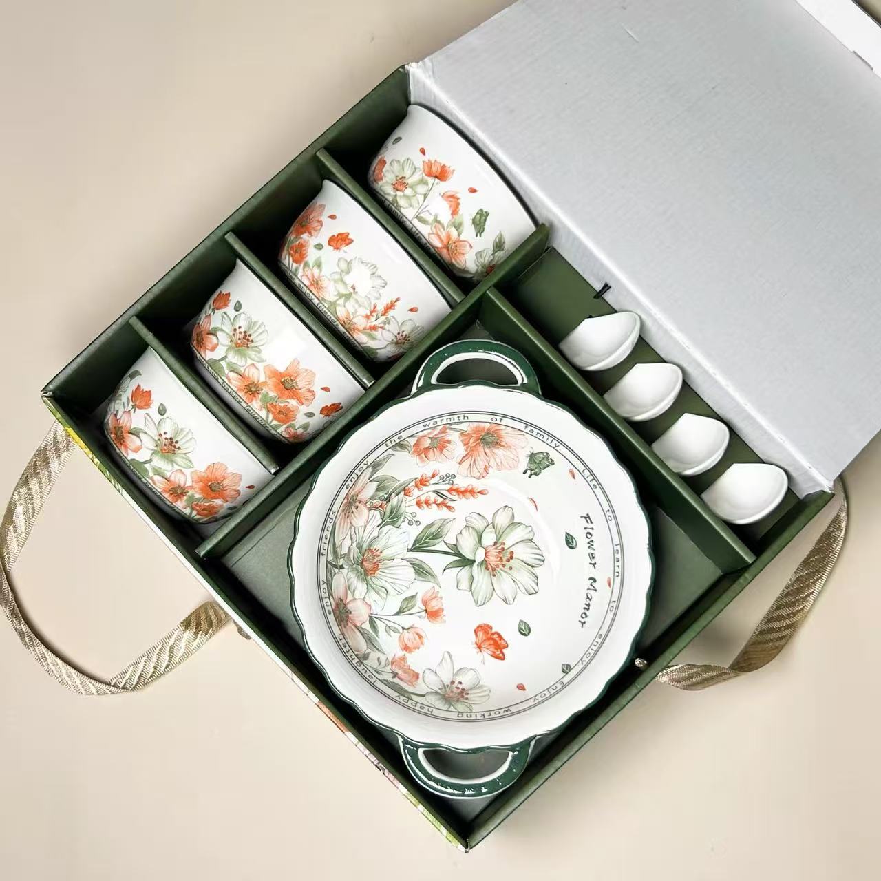 【新疆包邮】4碗4勺1双耳汤碗家用碗盘勺礼盒套商务伴手礼品高颜值