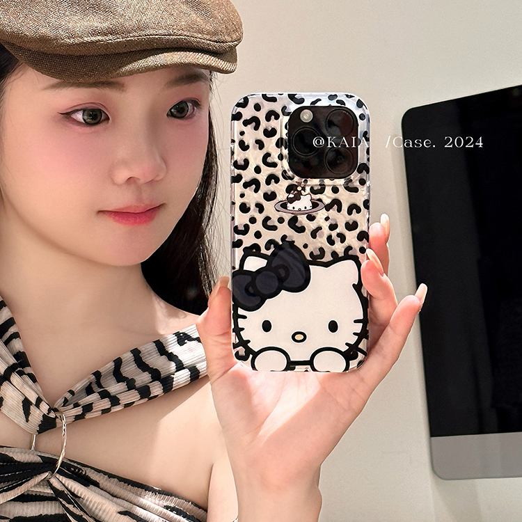 ins甜酷古早豹纹哈喽kt猫适用于苹果15promax手机壳iphone14新款1
