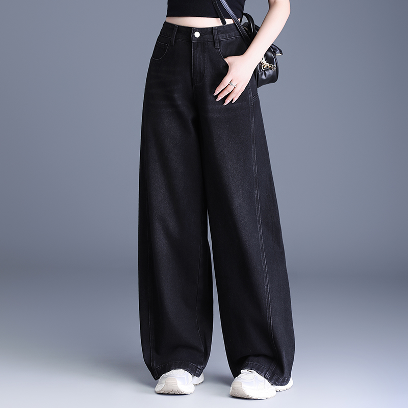 秋冬时尚气质黑色阔腿显瘦高腰宽松遮胯宽腿粗加绒小个子牛仔裤女