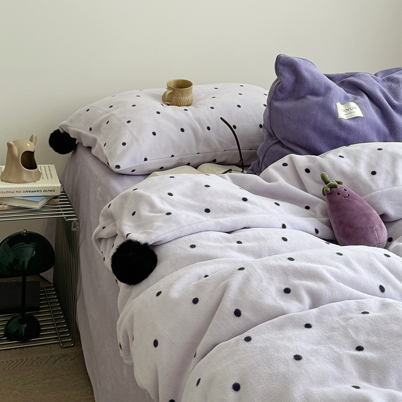 牛奶绒【波点紫】多巴胺四件套毛球纯色被套床单三件套宿舍加厚加绒