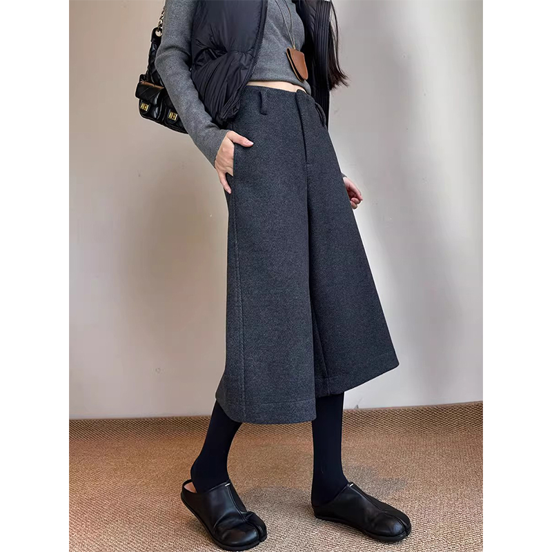 老钱风灰色七分毛呢直筒阔腿裤女秋冬季小个子宽松显瘦休闲西装裤