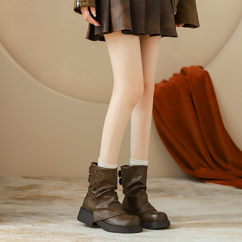 美拉德真皮短靴秋冬加绒2025新款厚底棕色裤管骑士马丁靴女英伦风