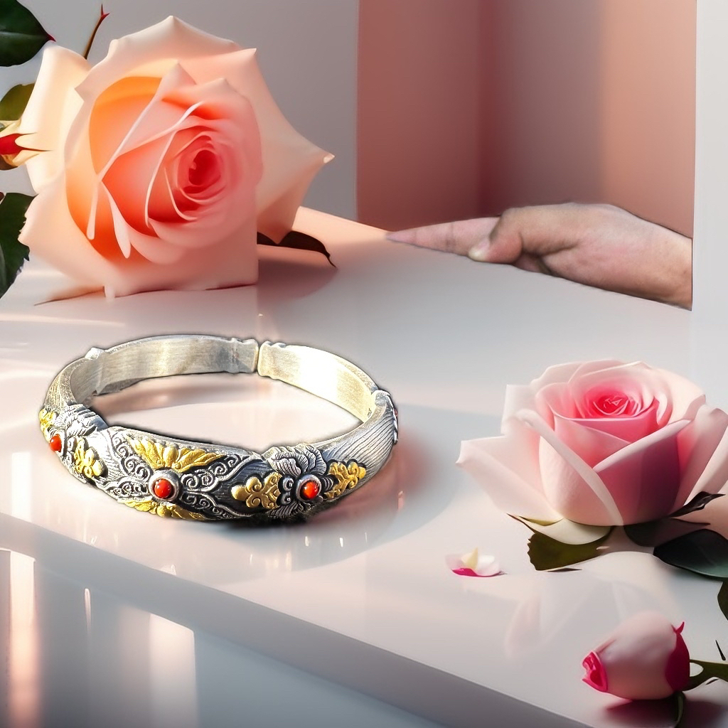 足银珐琅手镯 金芯玫瑰花民族风錾刻纯手工开口银镯子送女友白银