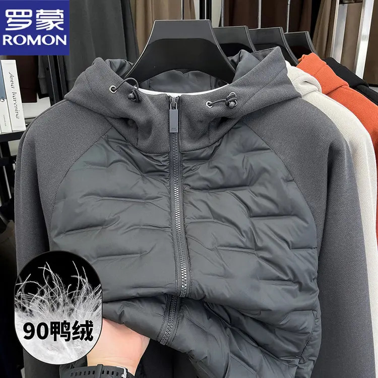 罗蒙品牌男女同款连帽羽绒服秋冬装新款轻薄外套休闲拼接保暖上衣