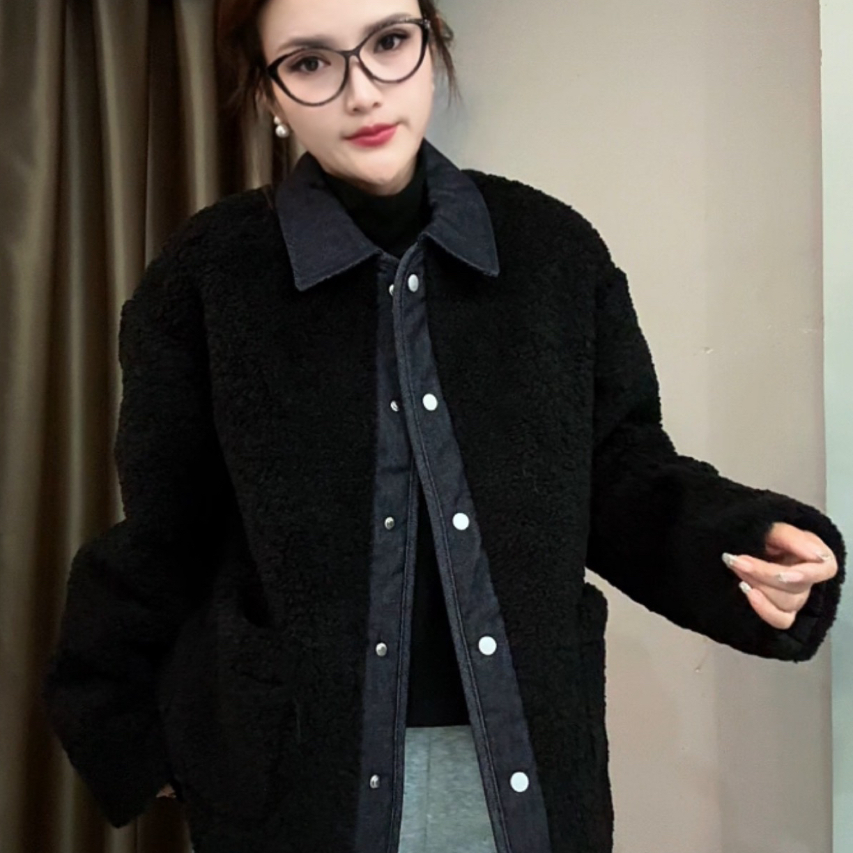 982#冬季女拼色保暖复古长袖短外套韩版翻领休闲ins拼接